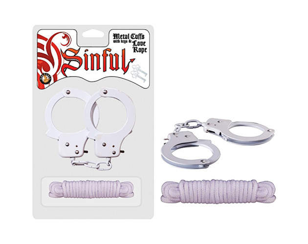 Sinful Cuffs W/Keys &Love Rope (White)