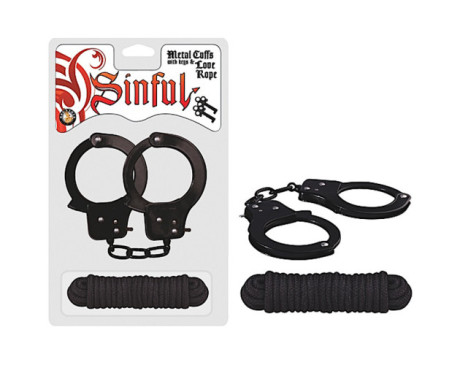 Sinful Cuffs W/Keys &Love Rope (Black)