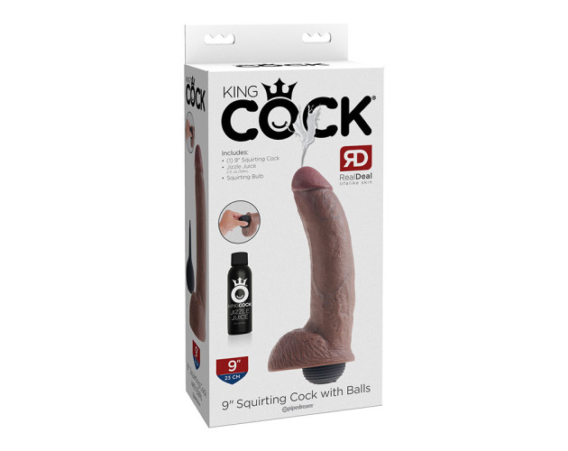 King Cock 9in Squirting Cock Balls Brown