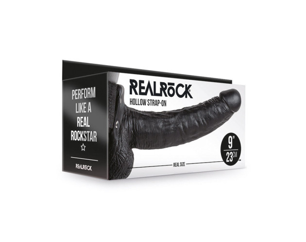 RealRock 9in Hollow Strap-On W/Balls Blk