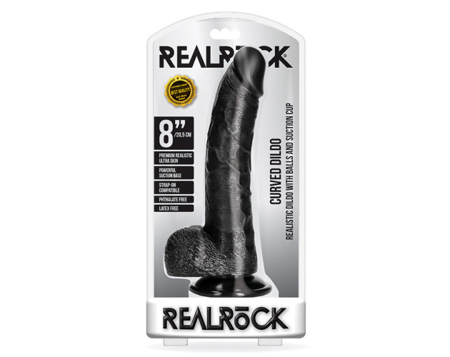 RealRock 8in Curved Dildo W/Balls Black